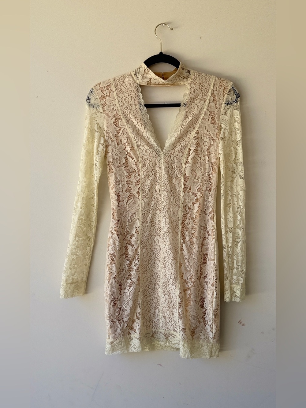 Vintage BEBE Cream Lace Long-Sleeve V-Neck Mini Dress